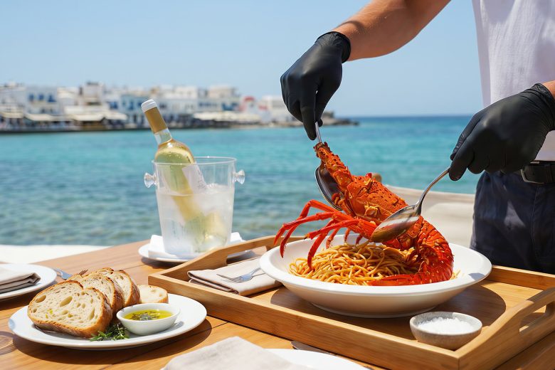 Fresh lobster pasta served seaside at Kavos Taverna, a top seafood restaurant in Mykonos